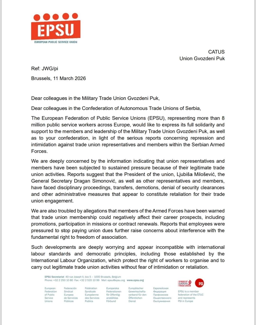 You are currently viewing ПИСМО ПОДРШКЕ ОД ГЕНЕРАЛНОГ СЕКРЕТАРА ЕПСУ ( ЕВРОПСКЕ ФЕДЕРАЦИЈЕ СИНДИКАТА ЈАВНИХ СЛУЖБИ)